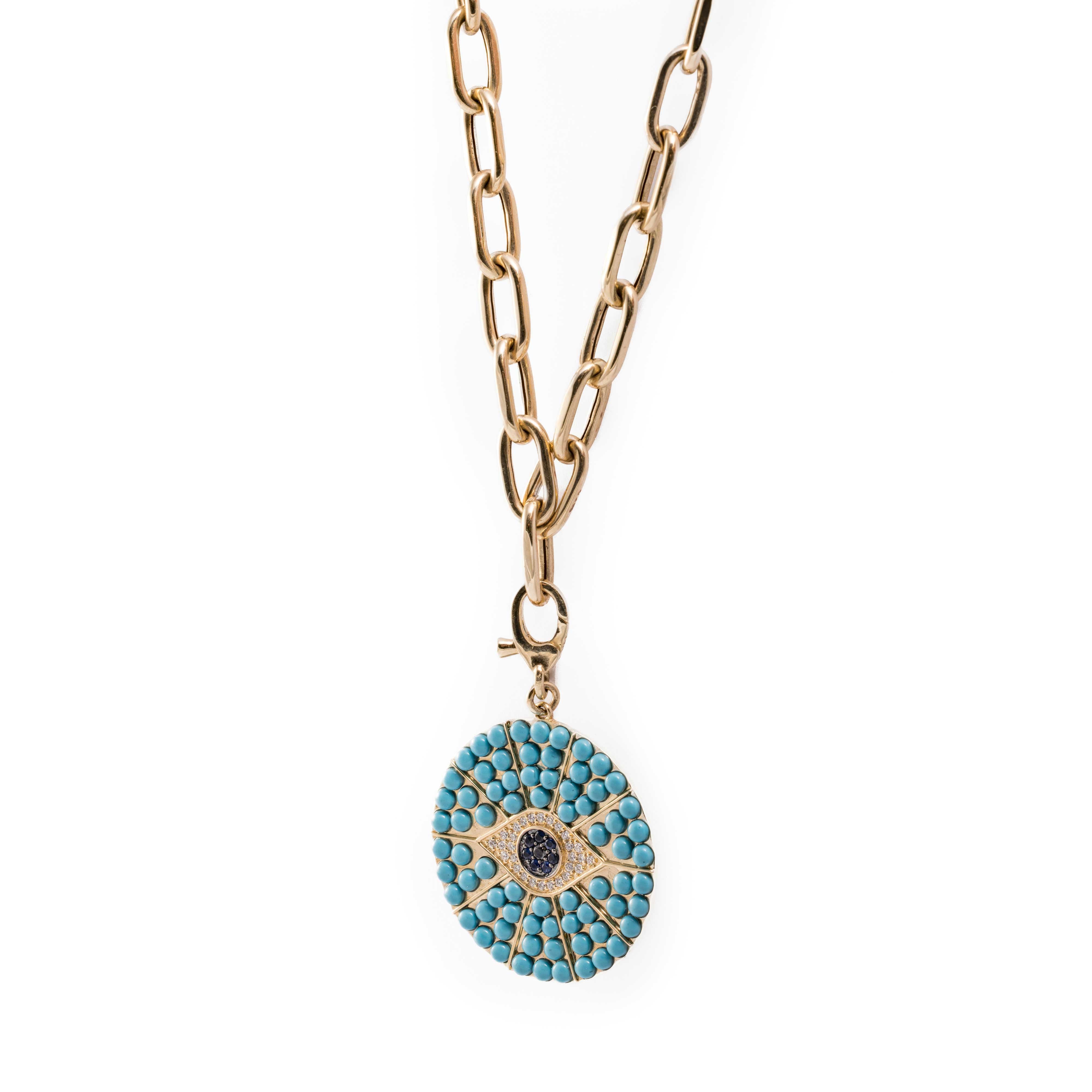 Therese Necklace - Turquoise & Sapphire Evil Eye Necklace in 14k Gold