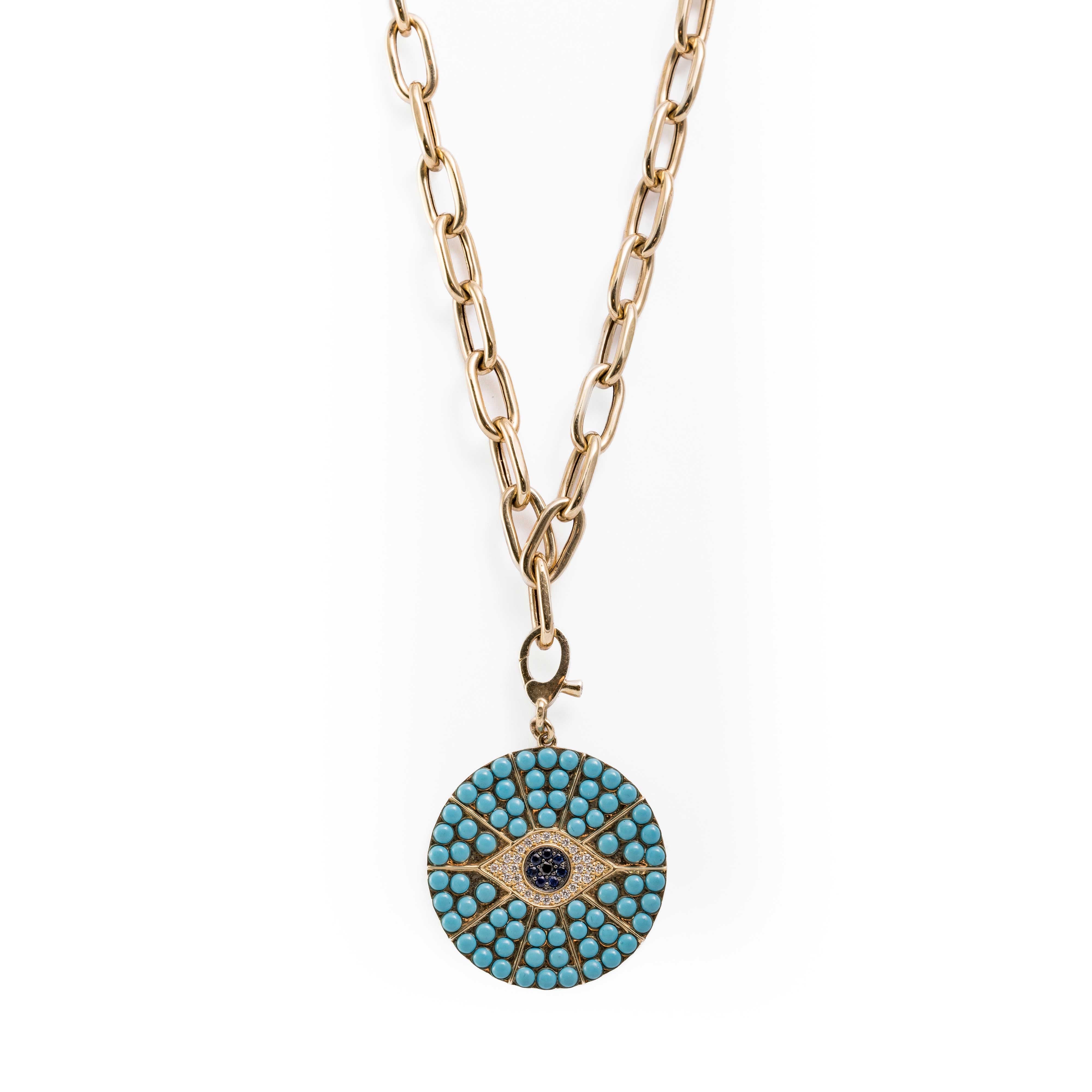 Therese Necklace - Turquoise & Sapphire Evil Eye Necklace in 14k Gold