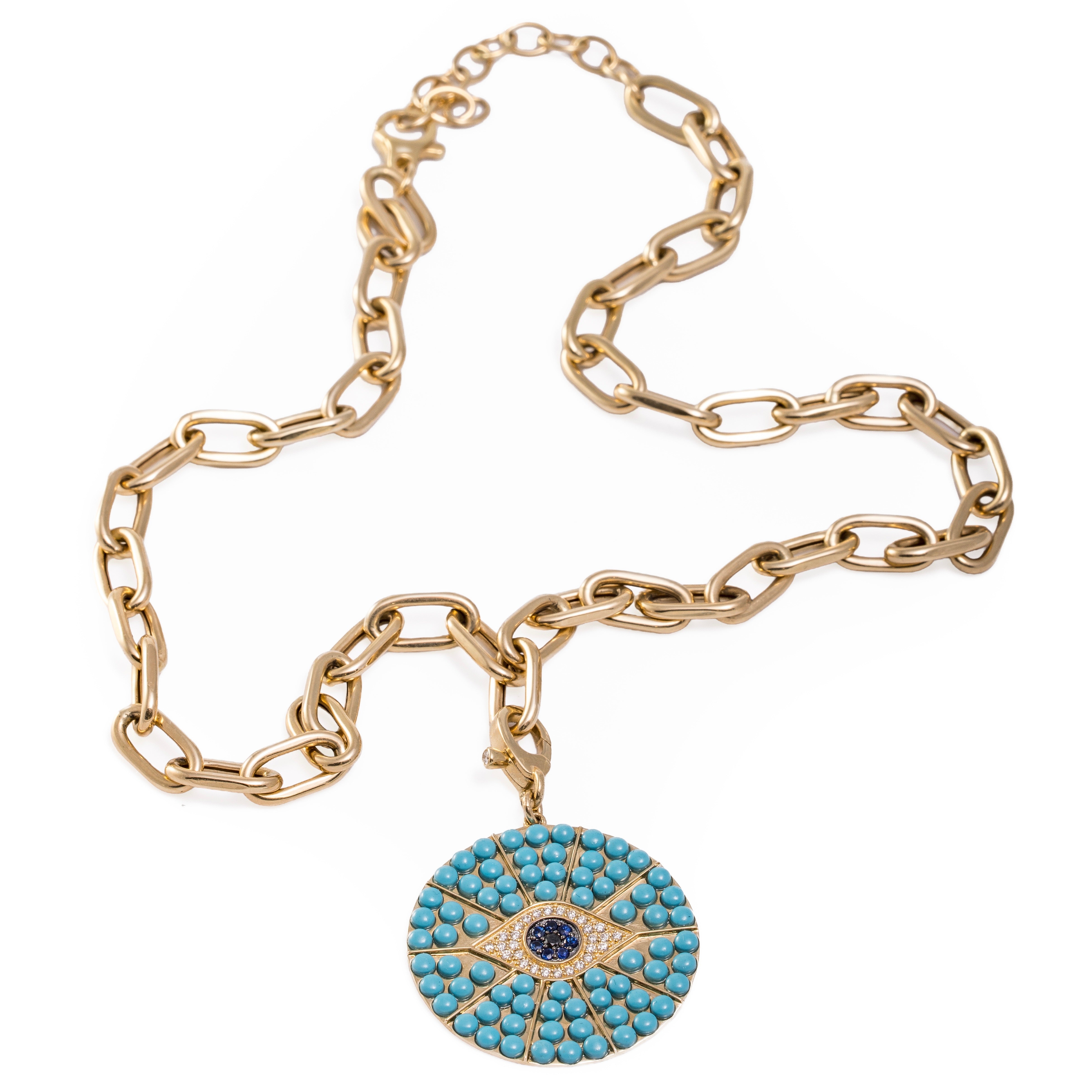 Therese Necklace - Turquoise & Sapphire Evil Eye Necklace in 14k Gold